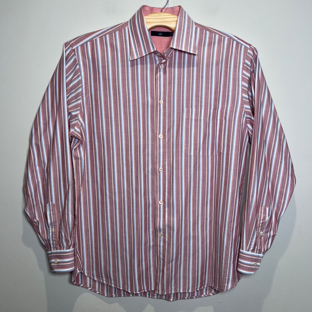 Zegna Sport Button Down Shirt Mens XXL Pink Blue Striped Long Sleeve Luxury